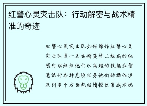 红警心灵突击队：行动解密与战术精准的奇迹