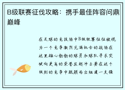 B级联赛征伐攻略：携手最佳阵容问鼎巅峰
